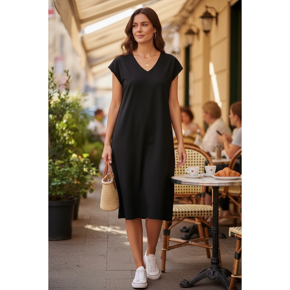 Eileen Fisher Black V-Neck Shift Dress Side Slit Quiet Luxury Elevated Basic Med